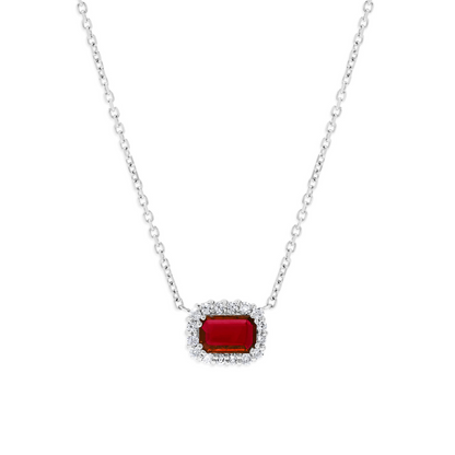 14K White Gold .86 TCW Natural Octagon Cut Red Ruby and White Diamond Necklace