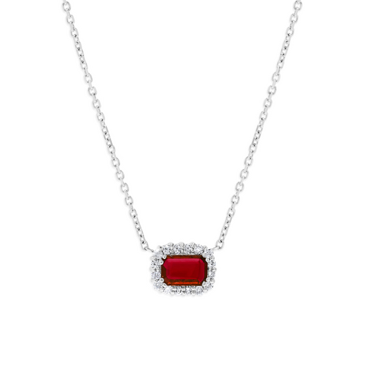 14K White Gold .86 TCW Natural Octagon Cut Red Ruby and White Diamond Necklace