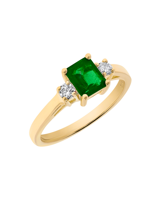 .92 TCW Natural Octagon Cut Emerald and Diamond 14K Yellow Gold Engagement Ring