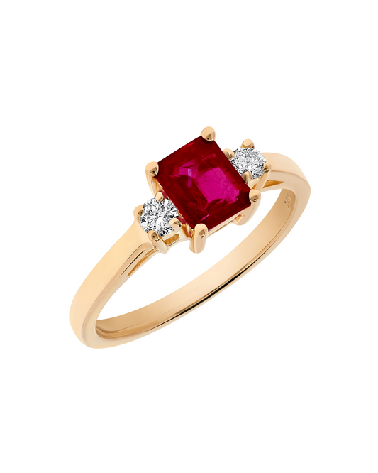 .97 TCW Natural Octagon Cut Red Ruby and Diamond 14K Yellow Gold Engagement Ring