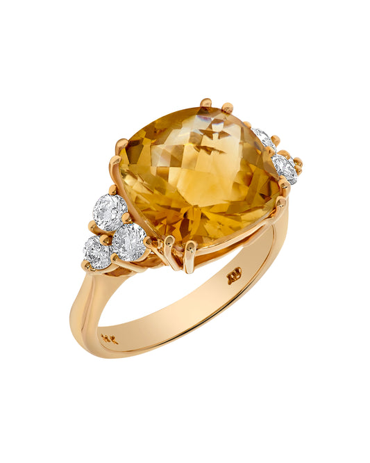 7.58 TCW Natural Cushion Cut Citrine & White Diamond 14K Yellow Gold Ring