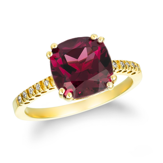 4.55 TCW Natural Cushion Cut Garnet & Diamond 14K Yellow Gold Cocktail Ring