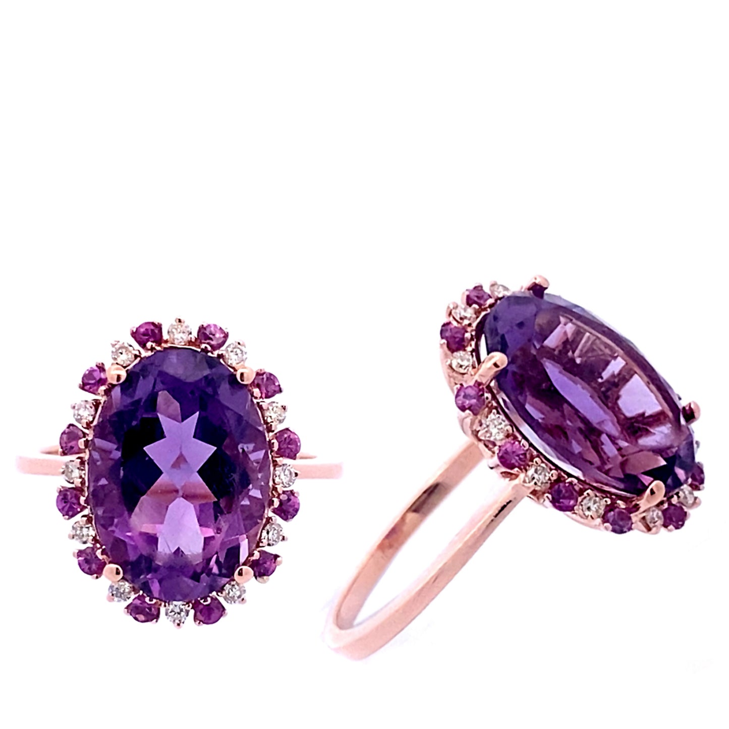 5.92 TCW Natural Oval Cut Amethyst & Rhodolite Diamond 14K Rose Gold Ring