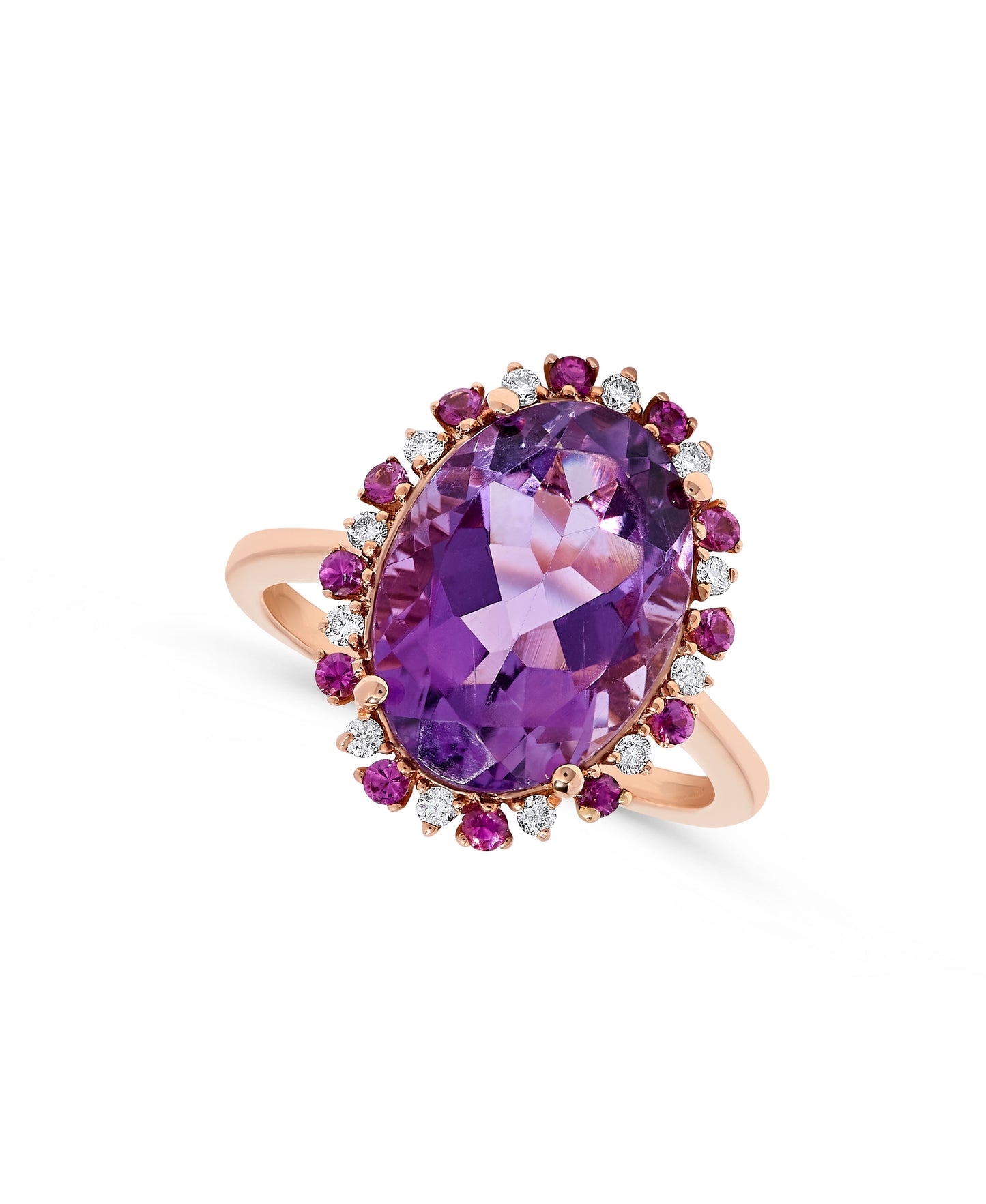 5.92 TCW Natural Oval Cut Amethyst & Rhodolite Diamond 14K Rose Gold Ring