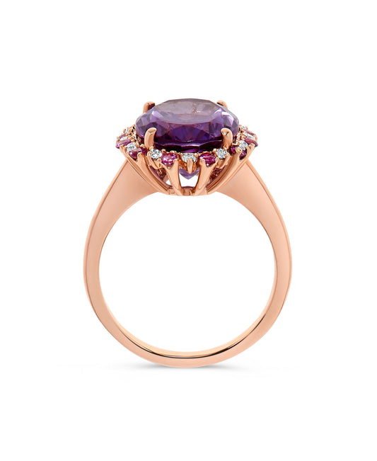 5.92 TCW Natural Oval Cut Amethyst & Rhodolite Diamond 14K Rose Gold Ring