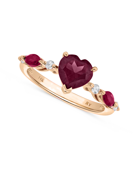 1.79 TCW Natural Heart Rhodolite & Pink Topaz with Diamond 14K Rose Gold Ring