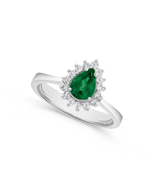 .54 TCW Natural Pear Shaped Emerald and Diamond 14K White Gold Engagement Ring