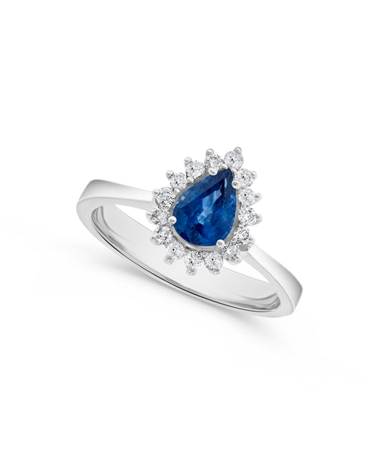 1.02 TCW Natural Pear Cut Sapphire and Diamond 14K White Gold Engagement Ring