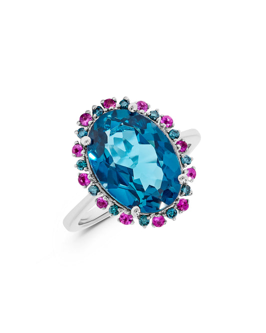 8.78 TCW Natural Oval Cut Blue Topaz with Diamonds 14K White Gold Ring