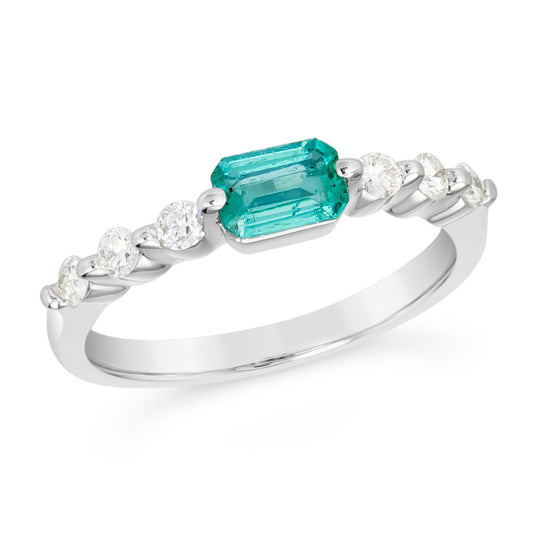 .75 TCW Natural Octagon Cut Emerald and Diamond 14K White Gold Engagement Ring