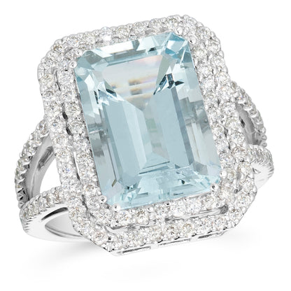 8.00 TCW Natural Octagon Cut Aquamarine with Diamonds 14K White Gold Ring