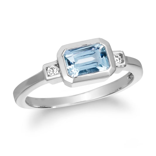 .63 TCW Natural Octagon Cut Aquamarine with Diamonds 14K White Gold Ring