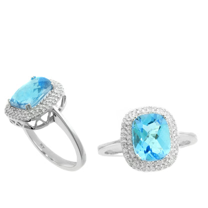 3.70 TCW Natural Cushion Cut Blue Topaz with Diamonds 14K White Gold Ring