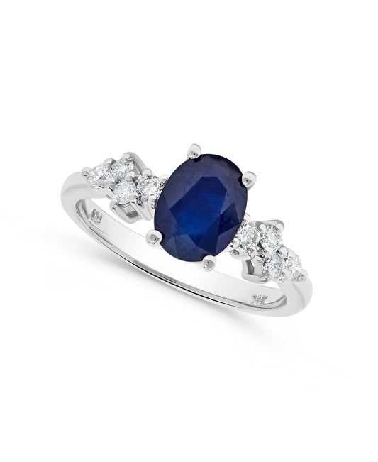 1.74 TCW Natural Oval Cut Blue Sapphire with Diamonds 14K White Gold Ring