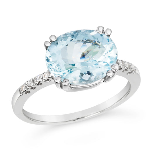 3.04 TCW Natural Oval Cut Aquamarine White Diamond 14K White Gold Cocktail Ring