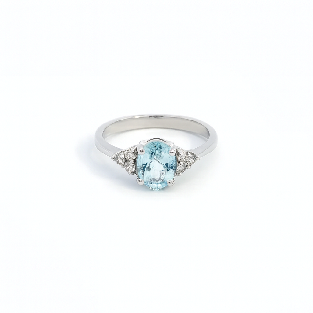 1.23 TCW Natural Oval Cut Aquamarine with Diamonds 14K White Gold Ring