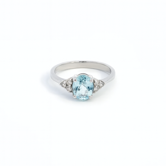 1.23 TCW Natural Oval Cut Aquamarine with Diamonds 14K White Gold Ring