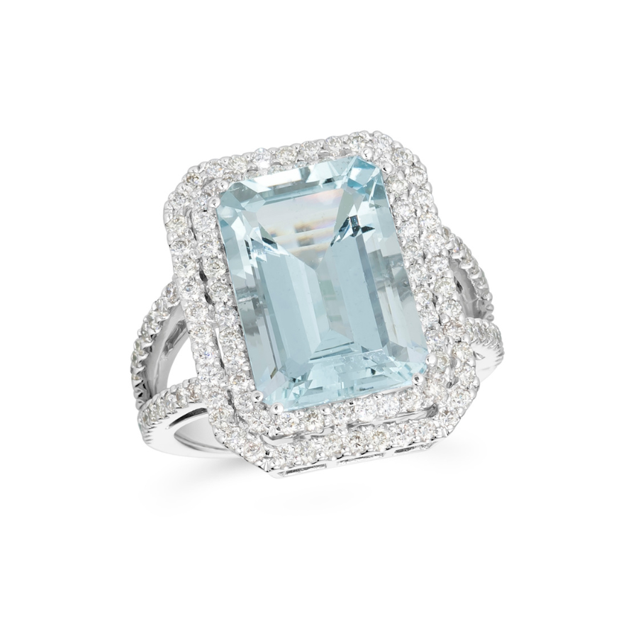 8.00 TCW Natural Octagon Cut Aquamarine with Diamonds 14K White Gold Ring