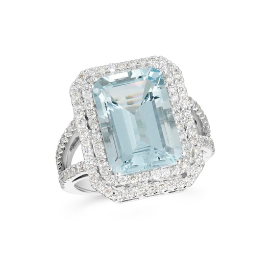 8.00 TCW Natural Octagon Cut Aquamarine with Diamonds 14K White Gold Ring