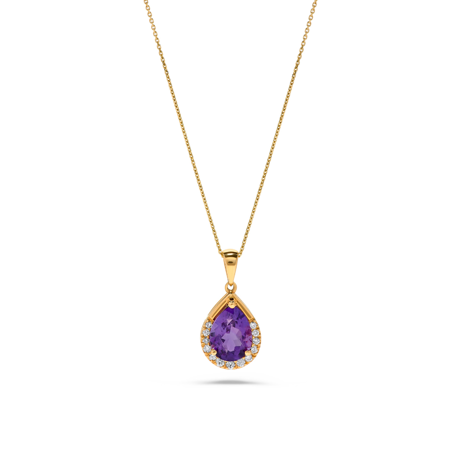 1.70 TCW Natural Pear Shaped Amethyst and White Diamond 14K Yellow Gold Necklace
