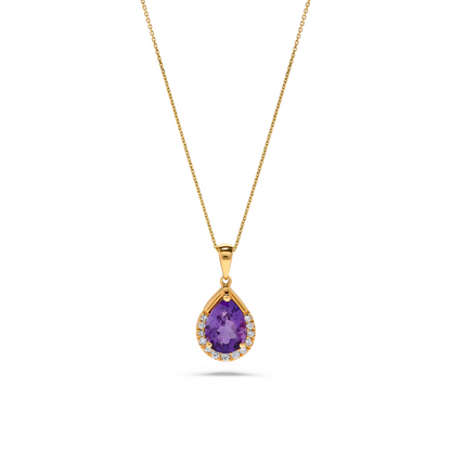 1.70 TCW Natural Pear Shaped Amethyst and White Diamond 14K Yellow Gold Necklace