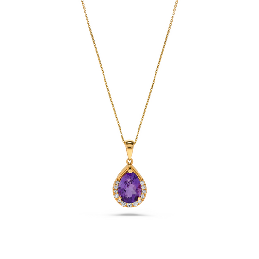 1.70 TCW Natural Pear Shaped Amethyst and White Diamond 14K Yellow Gold Necklace
