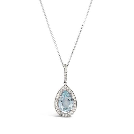 3.40 TCW Natural Pear Shape Aquamarine and White Diamond 14K White Gold Necklace