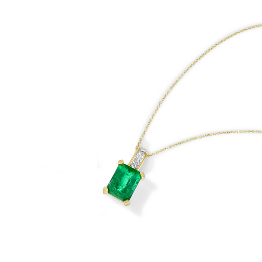 14K Yellow Gold 2.46 TCW Natural Octagon Cut Emerald and White Diamonds Pendant