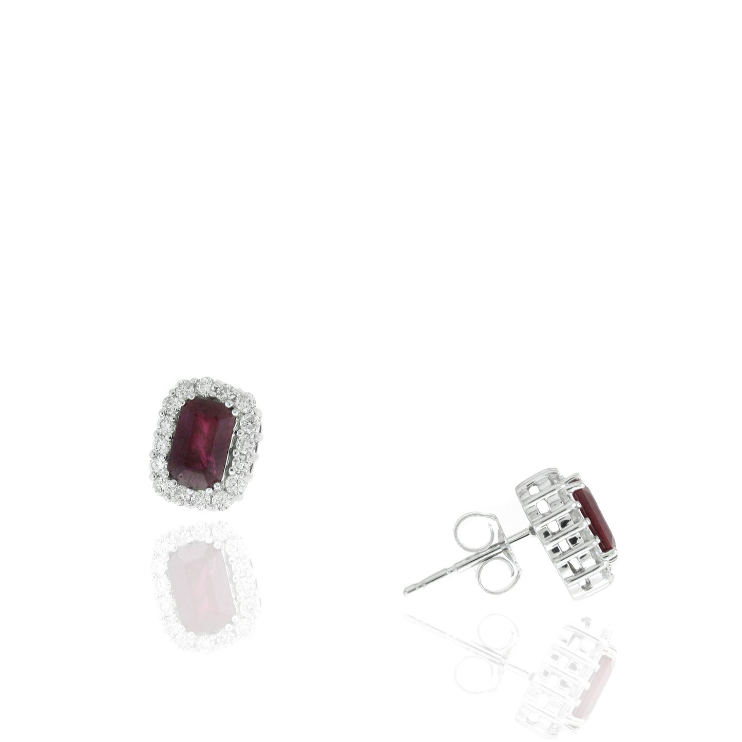 1.72 TCW Natural Octagon Cut Red Ruby with Diamonds 14K White Gold Earrings