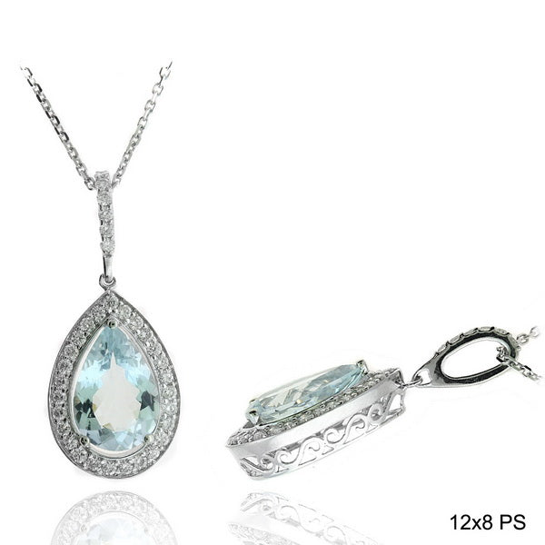 3.40 TCW Natural Pear Shape Aquamarine and White Diamond 14K White Gold Necklace