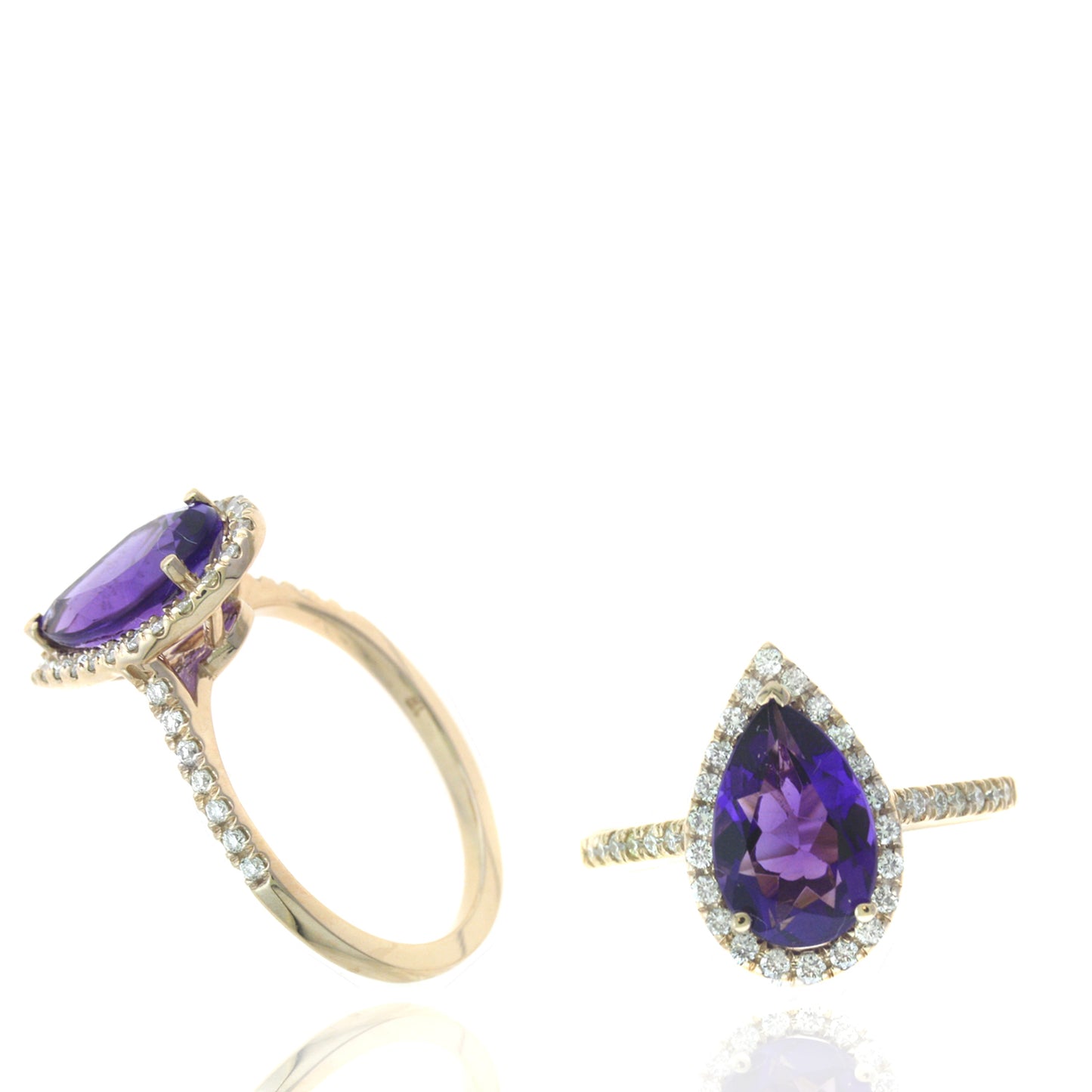 2.26 TCW Natural Pear Shape Amethyst with Diamonds 14K Rose Gold Ring