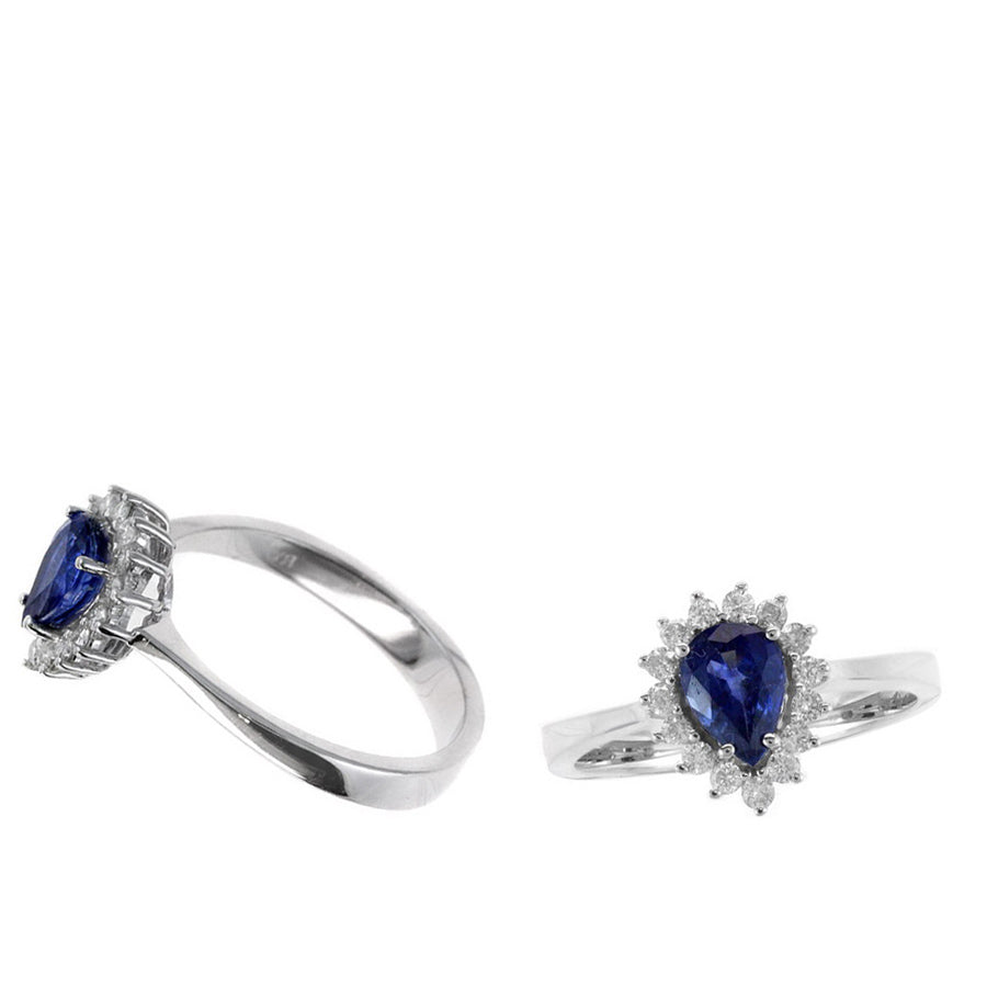 1.02 TCW Natural Pear Cut Sapphire and Diamond 14K White Gold Engagement Ring