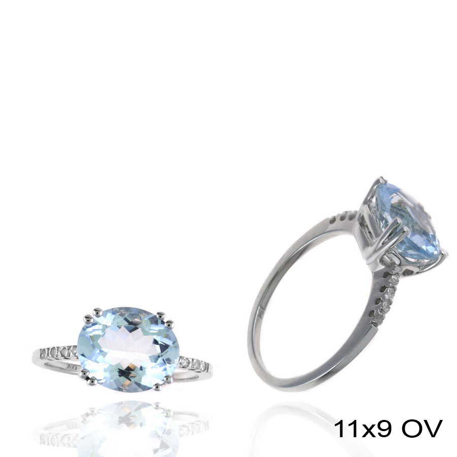 3.04 TCW Natural Oval Cut Aquamarine White Diamond 14K White Gold Cocktail Ring